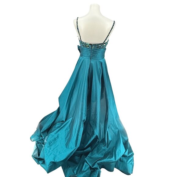 Rachel Allan Teal Beaded High-Low Gown With Bow Detail Size 4 - Picture 3 of 6
